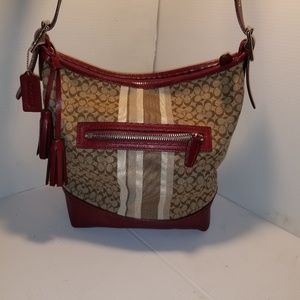 Coach Hobo Shoulder Bag Red Tan Stripe Coach Logo